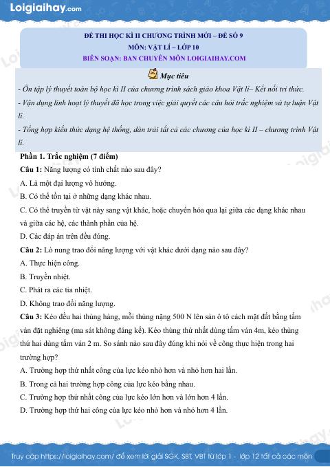 Đề thi học kì 2 Vật lí 10 Kết nối tri thức - Đề số 9